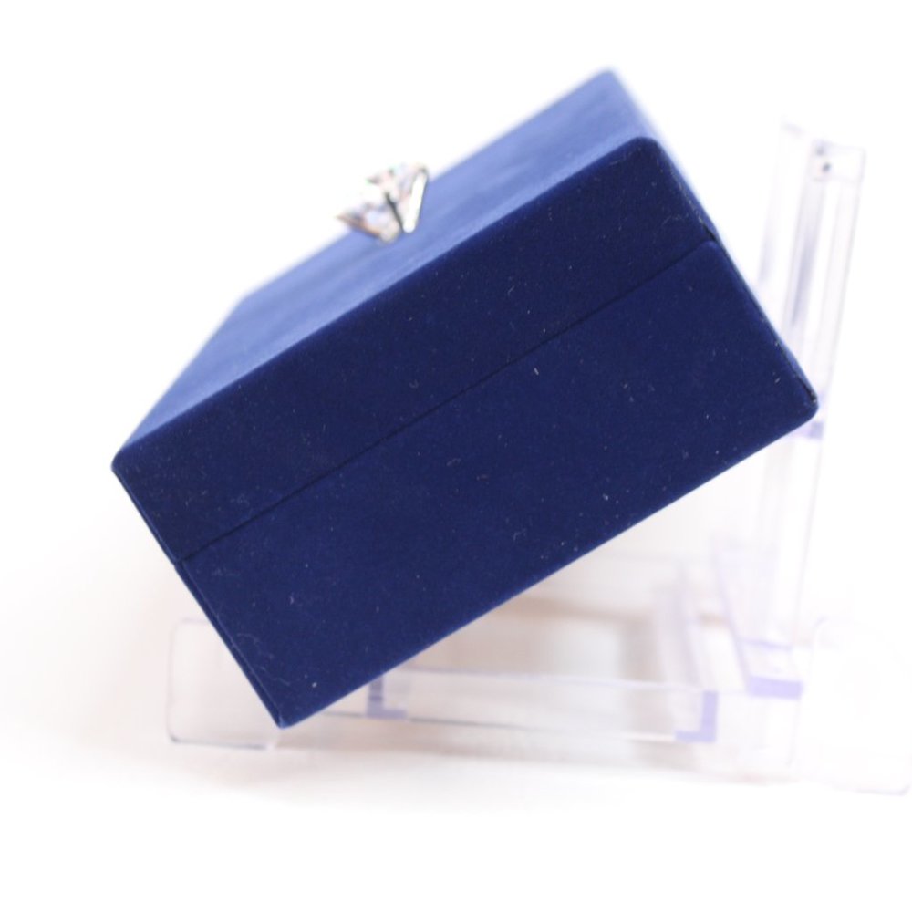 Navy Blue Velveteen Trinket Box Lined Hinged Lid Ring Holder Faux Diamond Handle - Picture 2 of 6